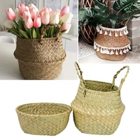 1pc seagrass storage basket folding flower pot planter plant pot straw wicker basket rattan laundry basket garden decorative