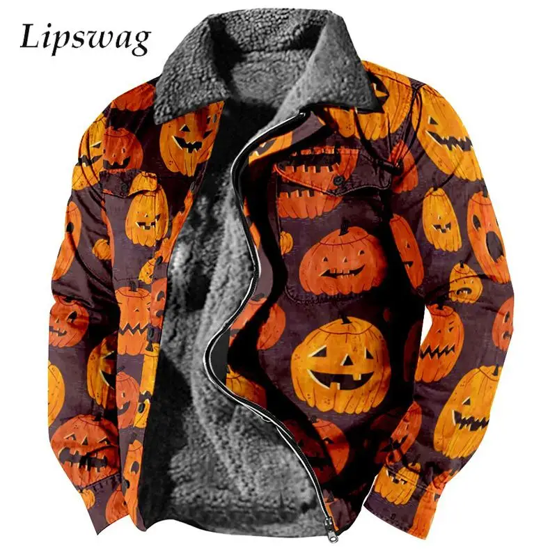 

Winter Warm Wool Lining Coats Men 3D Digital Print Jackets Casual Loose Long Sleeve Turn-down Collar Zipper Jacket Mens Outfits