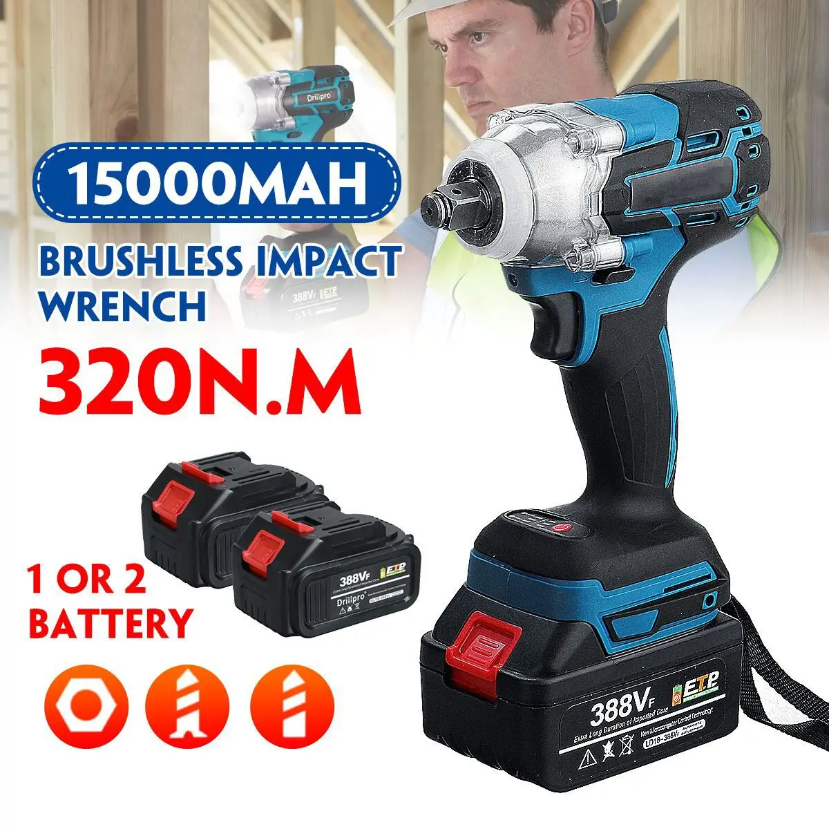

320N.M Brushless Cordless Electric Impact Wrench 1/2 inch Power Tools With Li Battery +LED light Adapt For Makita 18V Battery