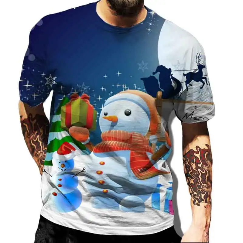 

New Fashion Short Sleeve Men's Shirt Merry Christmas Cute Santa Snowman Pattern Men's Short Sleeve Top