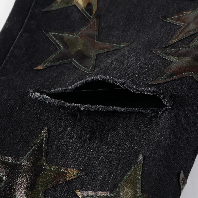 Men's Black Distressed Streetwear Gold Stars Patches Slim Stretch Skinny High Street Fashion Style Ripped Jeans