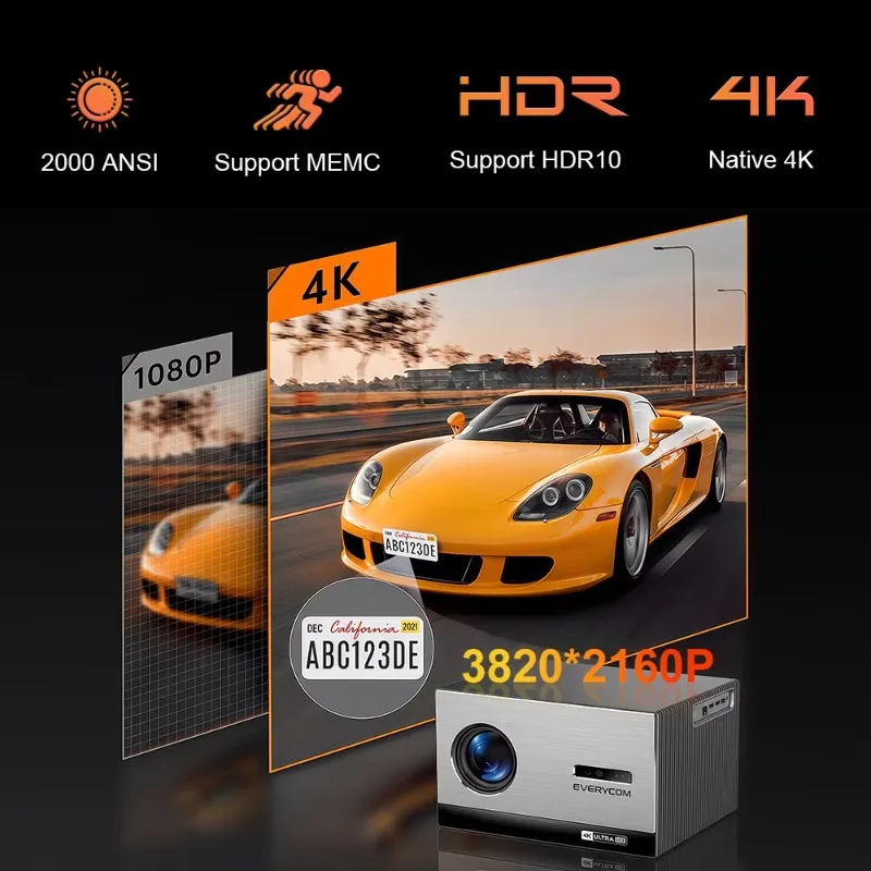 Фото Проектор 4K 3840x2160 Everycom Cinelux 2000ANSI, ультраяркий, FLED, Smart, с автофокусом и коррекцией трапецеидальных искажений, для домашнего кинотеатра №2