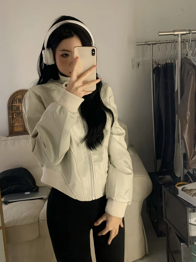 Женская Асимметричная куртка из ПУ кожи с воротником-стойкой и длинным рукавом