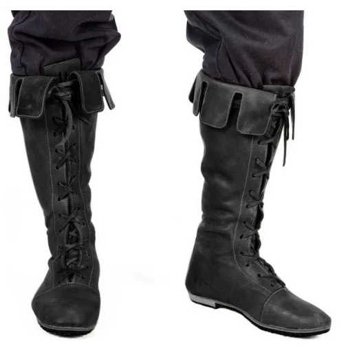 

Lady Boots Big Size Shoes Woman Round Toe Mid Calf Low Large Size Rubber Mid-Calf Basic Solid Hoof Heels PU Lace-Up Fabric Retr