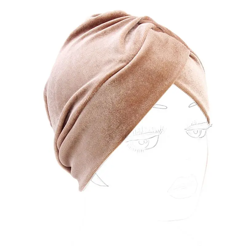 Women Velvet Turban Retro Knotted Twist Muslim Hijab Hat Solid Glitter Chemo Cap
