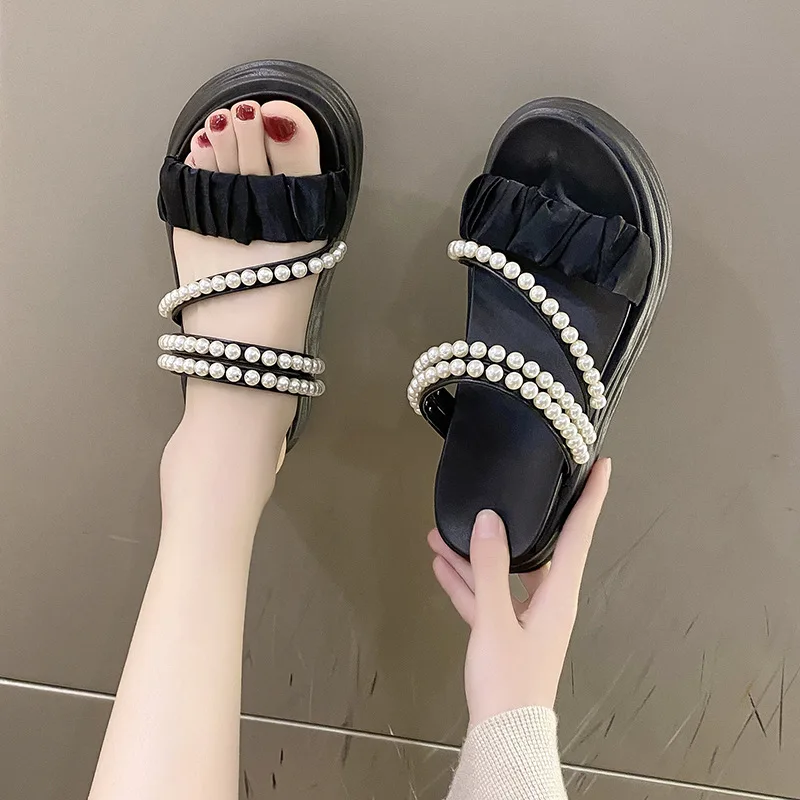 

Beige Heeled Sandals 2023 Summer Comfort Shoes for Women Clogs Wedge All-Match Med Increasing Height Muffins shoe Black Platform