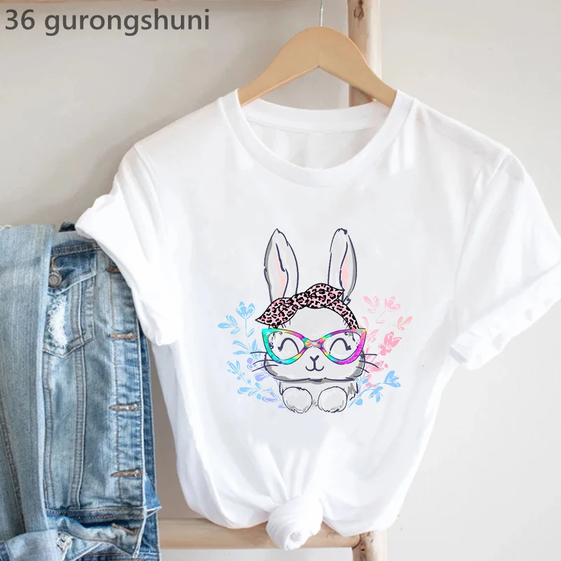 

Watercolor Rabbit Wear Glasses Animal Print T-Shirt Women Leopard Bow Flowers Tshirt Femme Harajuku Kawaii Clothes Funny T Shirt