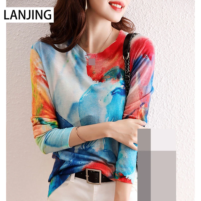 

spring bottoming shirt women's 2021 new thin long-sleeved tie-dye printing top large size T-shirt women's tide korean