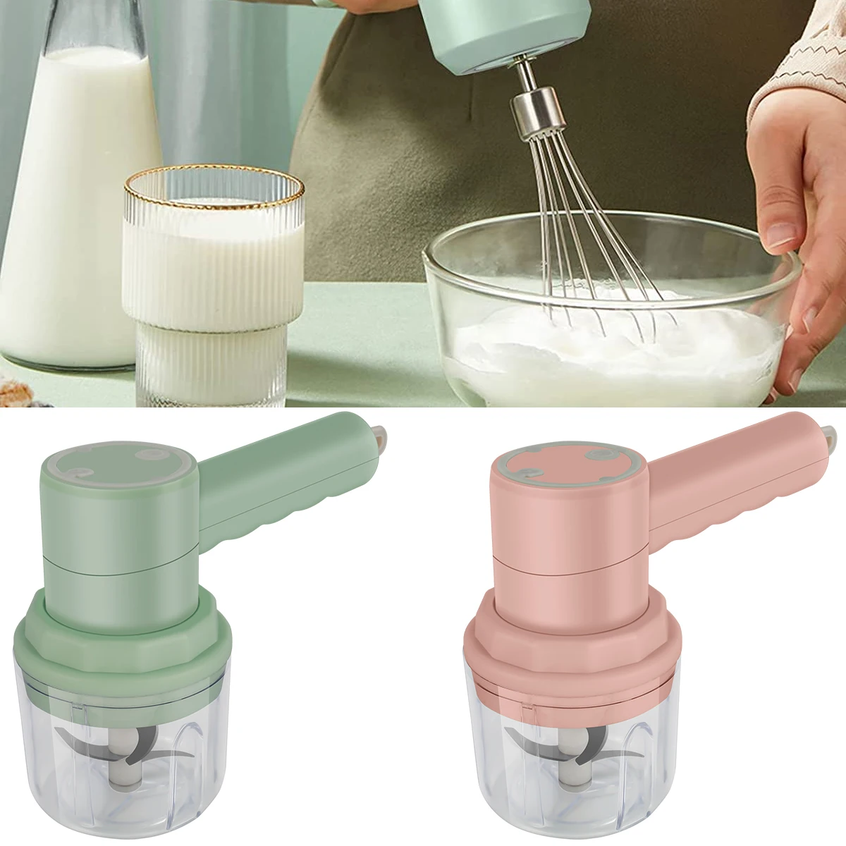 

Electric Hand Mixer Food Chopper 2 in 1 Cordless Garlic Mincer Whisk USB Rechargeable Egg Beater Handheld Chopper with 3 Speeds