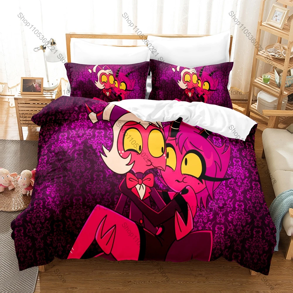 Фото Комплект постельного белья с анимационным принтом Helluva Animated Series Moxxie Millie Cute Imp Couple: 1 пододеяльник + 2 наволочки, HD цифровая печать №3