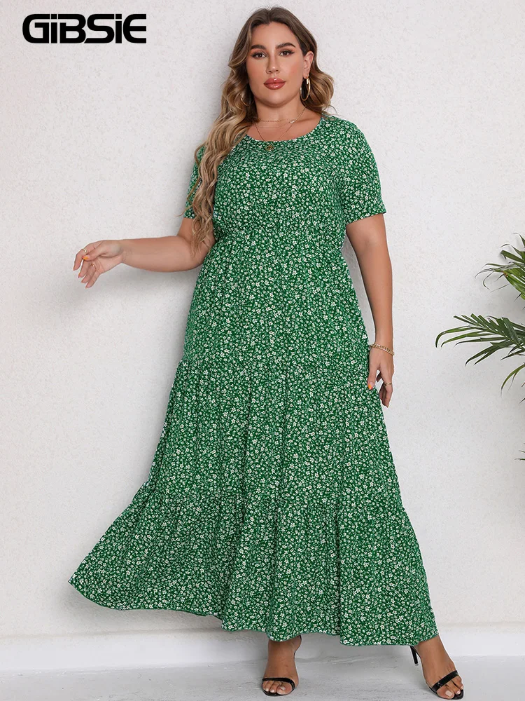 

GIBSIE Plus Size O-Neck Ruffle Hem Ditsy Floral Print Dress Women Vacation Casual A-line Short Sleeve Maxi Dresses 2022 Summer