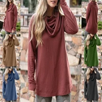 2022 autumn and winter new pile collar casual solid color long sleeved t shirt top womens clothing
