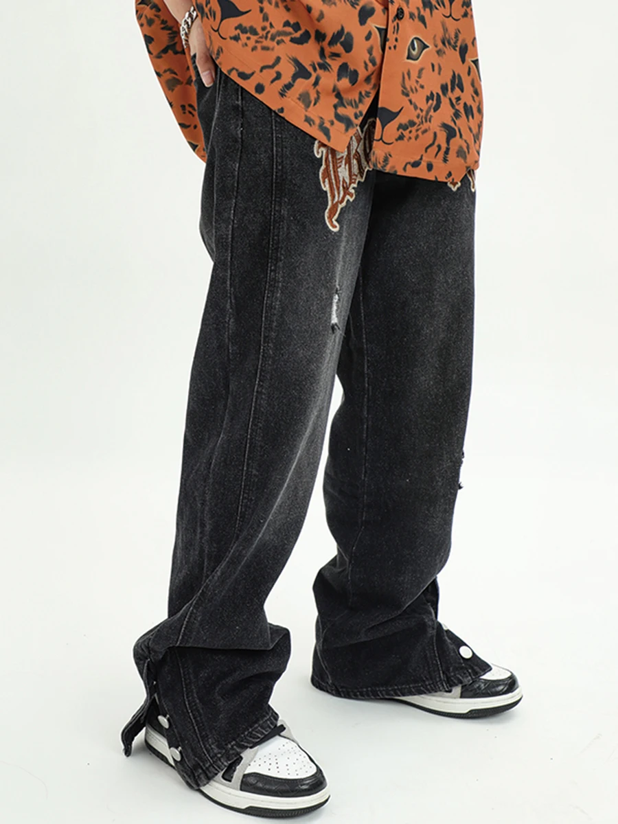 Fashion Brand Embroidered Letters Y2k Men Jeans Street Side Buttons Loose Wide Leg Long Pants Streetwear Men Jeans Pants