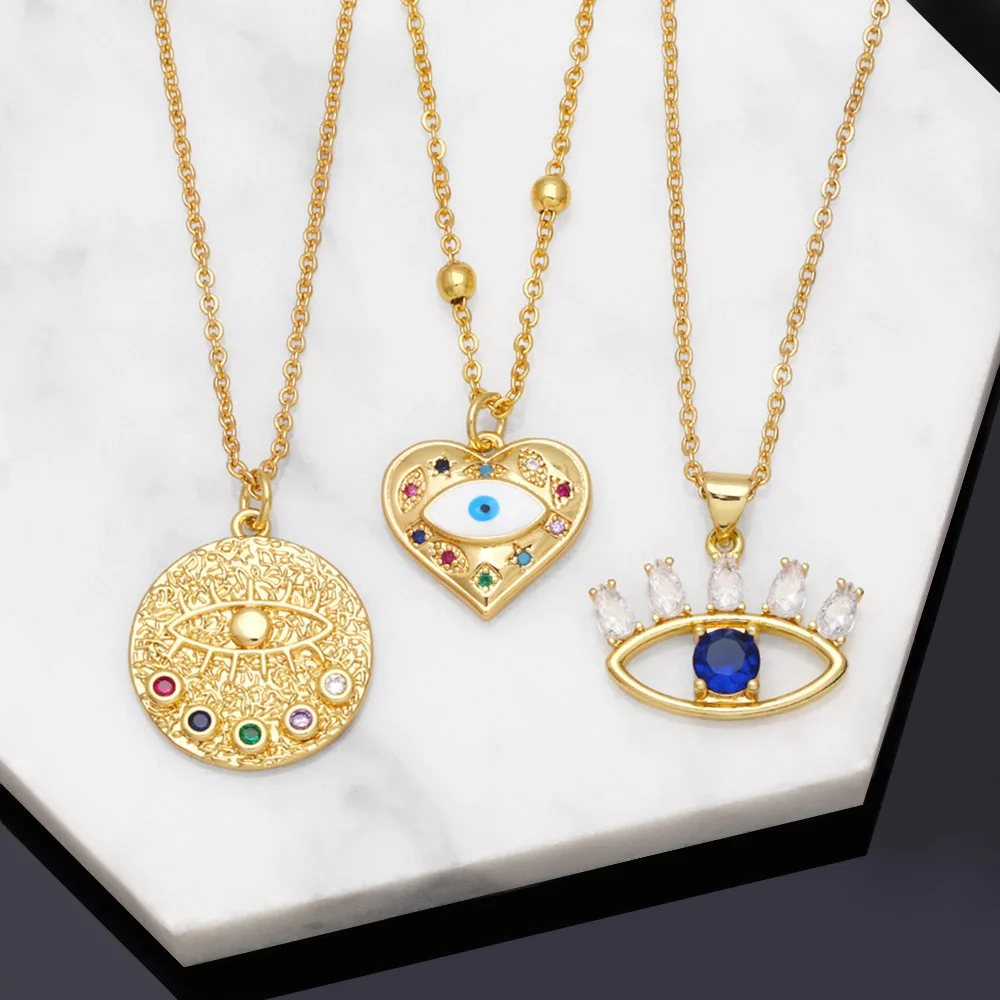 

INS Gold Plated Cubic Zircon Eye Evil Heart Coin Disc Pendant Necklaces Women CZ Demon Beads Chain Necklaces Jewelry Gift Party