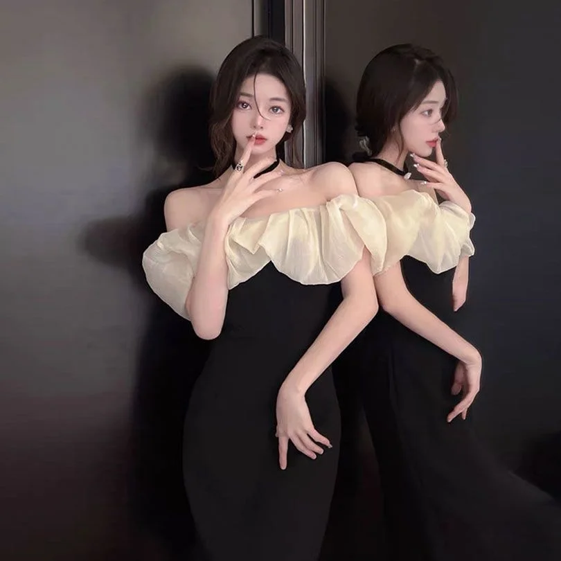 

Dresses For Women 2023 Chic And Elegant Off Shoulder Luxury Temperament French Dress Slim Fit Celebrity Long Party Dress