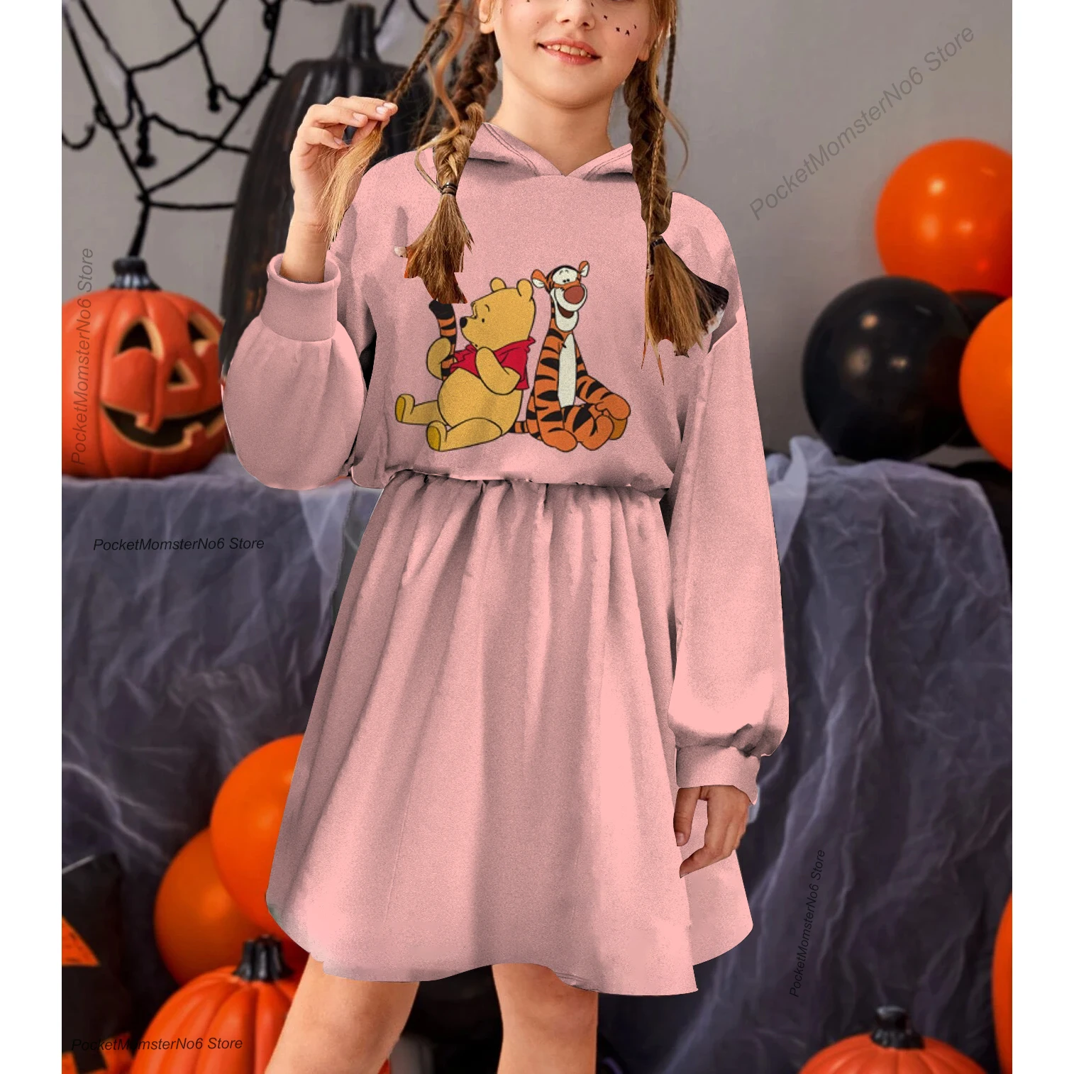 

Disney Winnie the Pooh Girls Princess Print Hooded Sweater Dress Kids Sweater Dress Casual Pleated Princess Dress Sweater