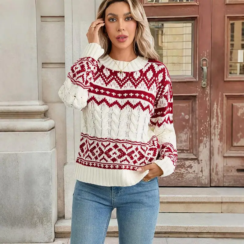 Фото Женский винтажный вязаный свитер Fair Isle, красный, белый рождественский стиль, свободный крой, теплые вязаные топы №1