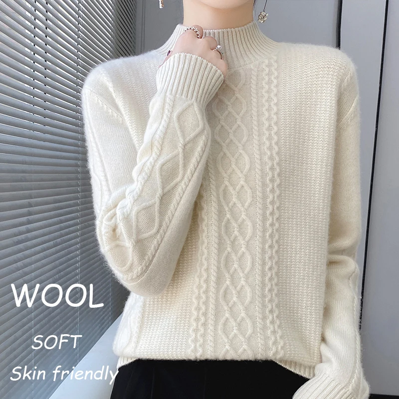 

Women's New Sweater Knitted Pullover 2023 Autumn Half High Neck Slim Fit Soft Wool Thickened Classic Top