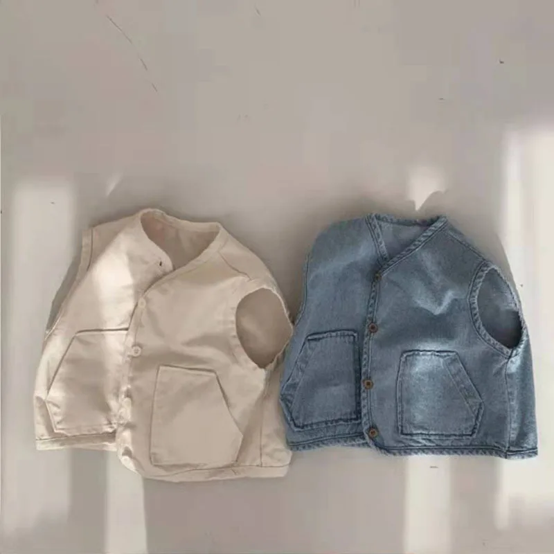 2022 New Baby Sleeveless Denim Vest Casual Kids Vest Jacket Loose Boys Pocket Vest Coat Autumn Fashion Girls Denim Vest Clothes