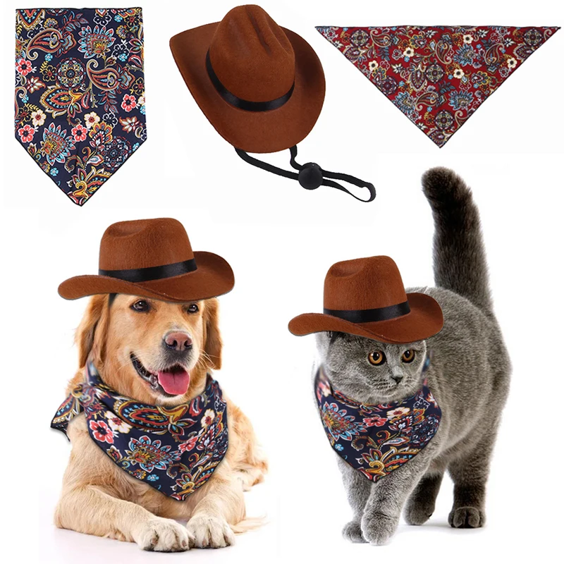 Pet Hat Dog Cat Western Cowboy Hat Photo Prop Pet Accessories Pet Triangle Scarf Doll Decoration Retro Universal Funny