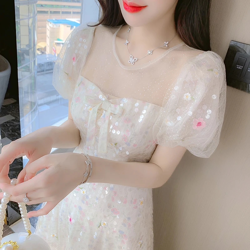 

COIGARSAM Women's Summer Dress 2022 New Puff Sleeve Mesh High Waist Dresses Dropshipping
