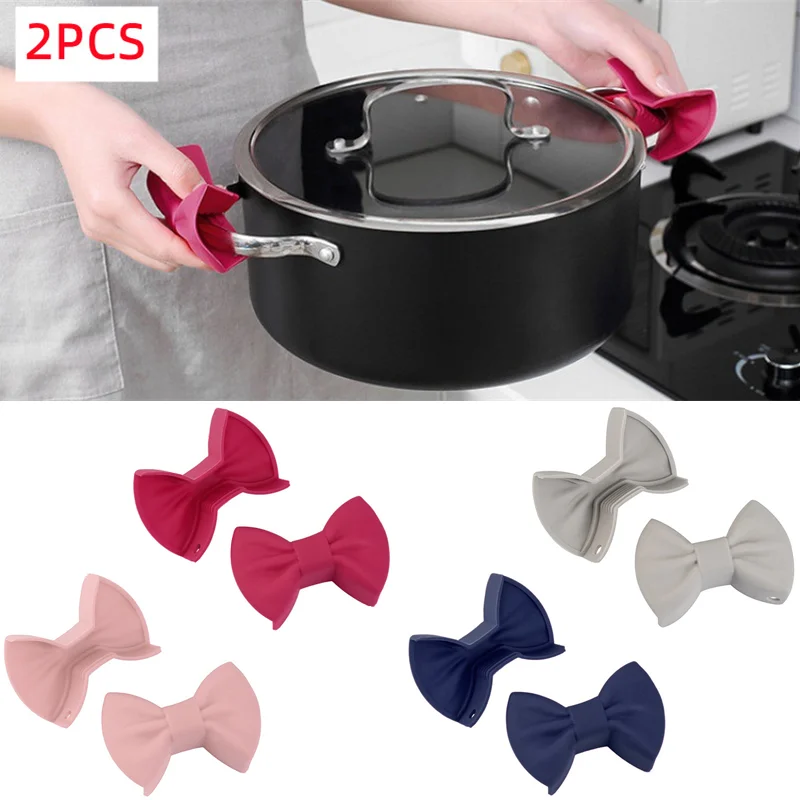 

2Pcs Silicone Oven Mitt Kitchen Heat Insulation Glove Bowknot Anti-slip Grip Bowl Clip Finger Protector Kitchen Baking Gadgets