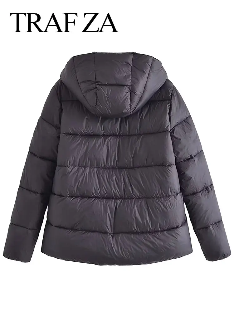 TRAF ZA Winter Women's Cotton Clothes Solid Vintage Hooded Coats Long Sleeve Zipper Pockets Jacket Female Chic Warm Outerwear