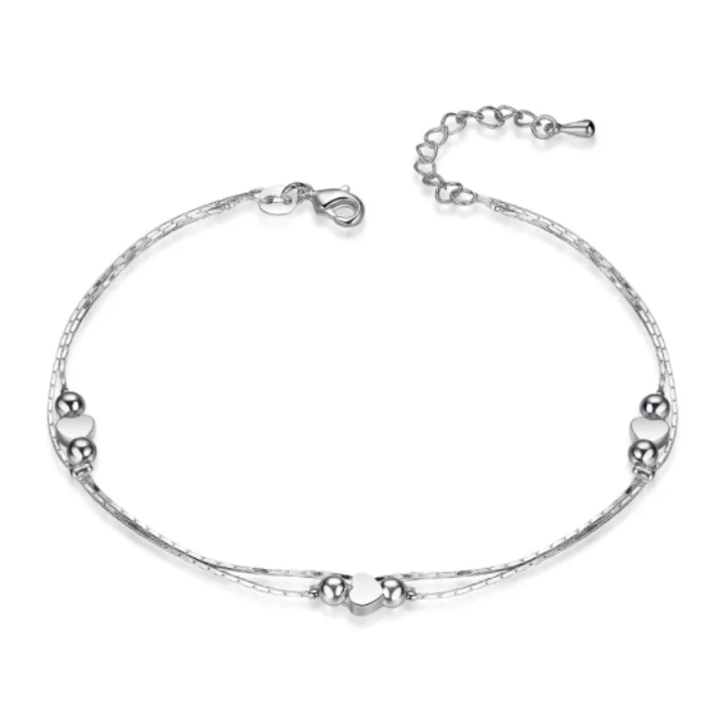

Fashion 925 Silver Chain Anklets for Women Summer Beach Party Heart Shape Beads Ankle Jewelry Girl Best Gifts Beach Accessories