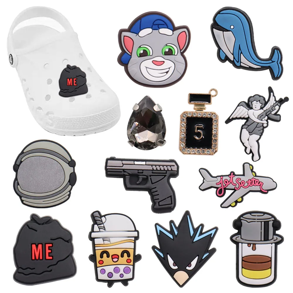 

Single Sale 1-12pcs PVC Shoe Charms Angel Cat Whale Airplane Accessories Shoe Ornaments Fit Croc Jibz Kids Party Present