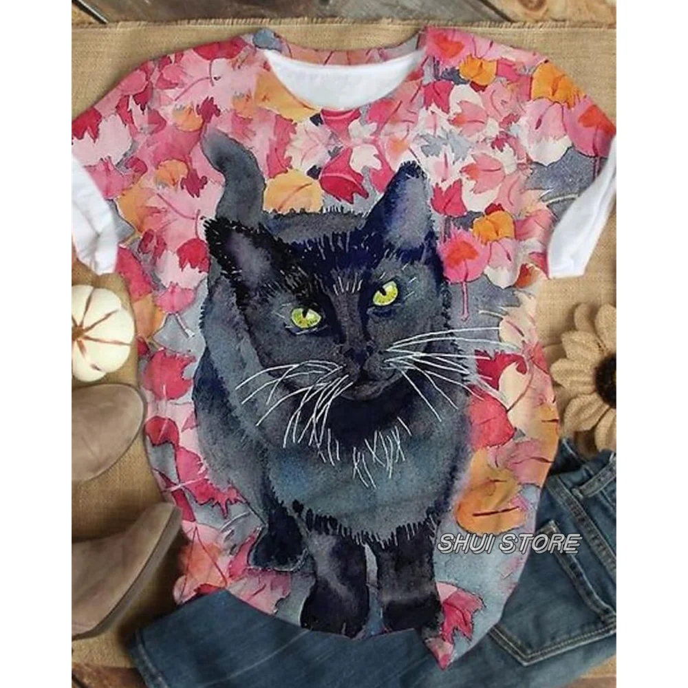 

2023 Women's T-shirt Tops Aesthetic Trendy Clothes Cat Women T-shirts Oversize Vintage y 2k Harajuku Red Top Summer Animals빈티지 옷