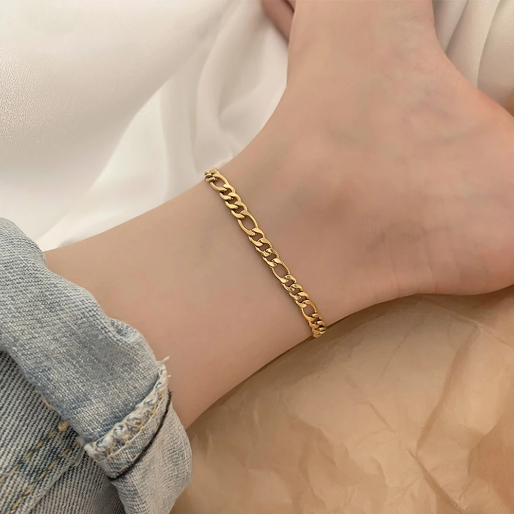 

4MM Stainless Steel 14k Gold Pvd Plated Summer Beach Jewelry Bohemian Dainty Figaro Chain Anklet Women