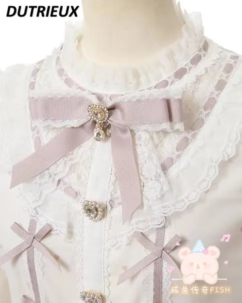 Женская блузка с длинным рукавом Милая Кружевная рубашка вышивкой и бантом