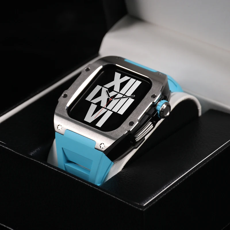 Titanium Alloy Stainless Steel Modification kit for Apple Watch 8 7 45mm Fluorine Rubber Strap for iWatch 6 SE 5 4 44mm Band Set