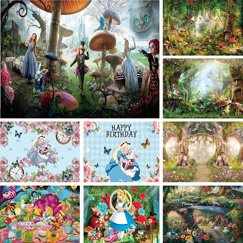 

Disney Princess Alice In Wonderland Photography Backdrop Happy Birthday Party Girl Forest Photo Background Banner Decor Supplies