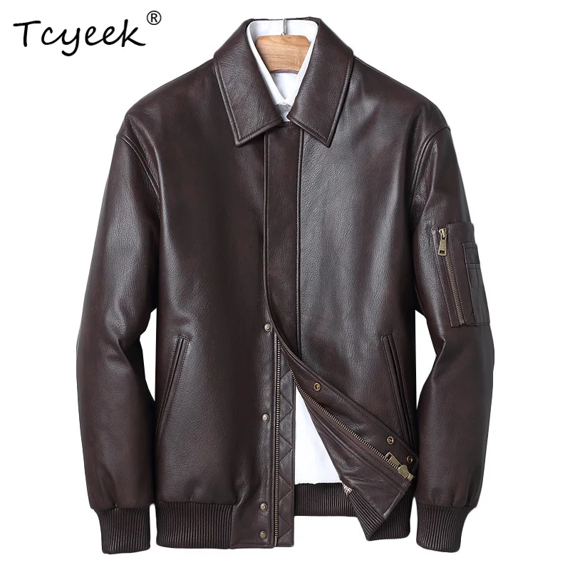 Фото Куртка из натуральной козьей кожи Tcyeek, мужская одежда, пуховики из белого гусиного пуха, модные мужские мотоциклетные куртки, осенне-зимняя коллекция 탑건 №1