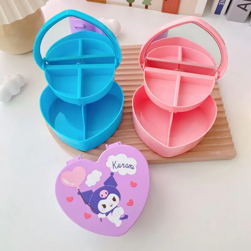 

Sanrio Hello Kitty Kuromi Cartoon Double Layer Flip Jewelry Box My Melody Cinnamoroll Cute Heart Sundry Storage Box Girl Gift