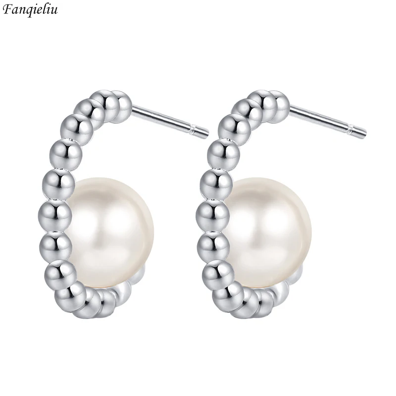 

Fanqieliu Real 925 Silver Needle C Shape Metal Beads Pearl Stud Earrings For Women New Jewelry Gift Girl Trendy FQL23098