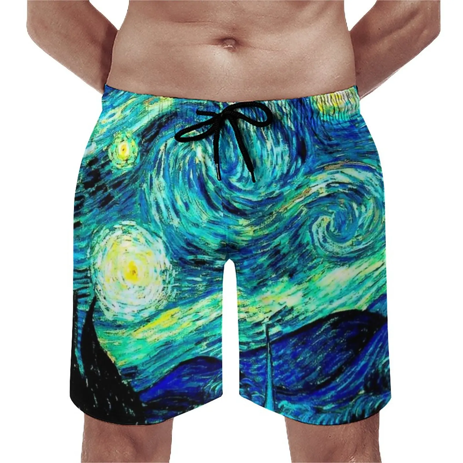 

Mountains Famous Painting Board Shorts Starry Night Vincent Van Gogh Hawaii Beach Shorts Design Surfing Fast Dry Swimming Trunks