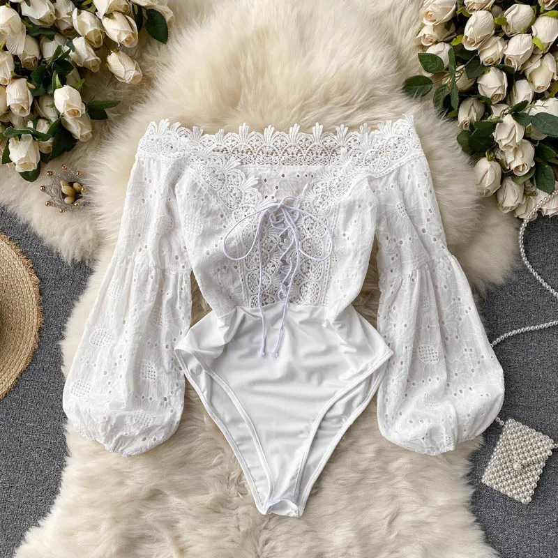 

Women's Vintage Bodysuits New 2022 Spring Summer Lace Patchwork Hollow Lace-up V-neck Off Shoulder Lantern Sleeve Sexy Club Tops