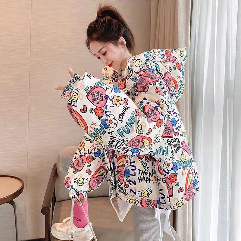 Winter Women's Korean Loose Thickening Hooded Mid-length Long-sleeve Warm Parkas 2021 New Letter Jacket Down Cotton Jackets Lady