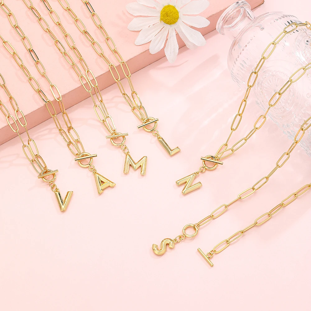 

Dainty Initial Necklaces 14K Gold Plated Paperclip Chain Simple Cute Letter Pendant Choker Necklace Gold Necklaces for Women
