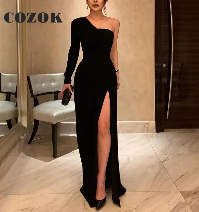 

COZOK One Shoulder Satin Long Black Mermaid Formal Evening Dresses Simple Elegant Prom Gowns Robes De Soirée Custom Size ZT01