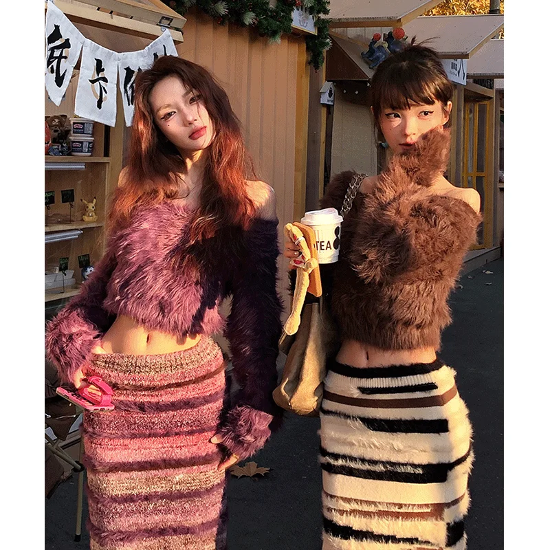 Модный сексуальный фиолетовый вязаный костюм с открытыми плечами короткий