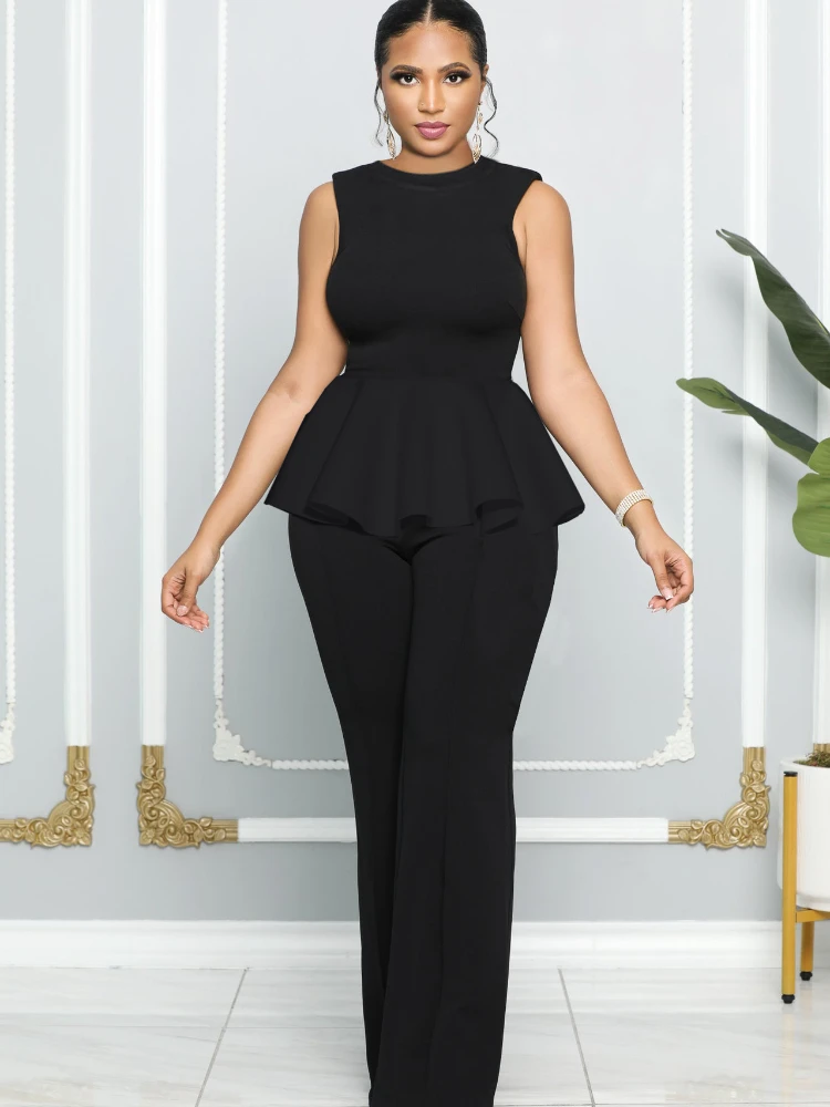 

High Waist Jumpsuit Office Lady Sleeveless Ruffles Straight Long Pants Overalls Peplum Bodycon Evening Party Event Rompers