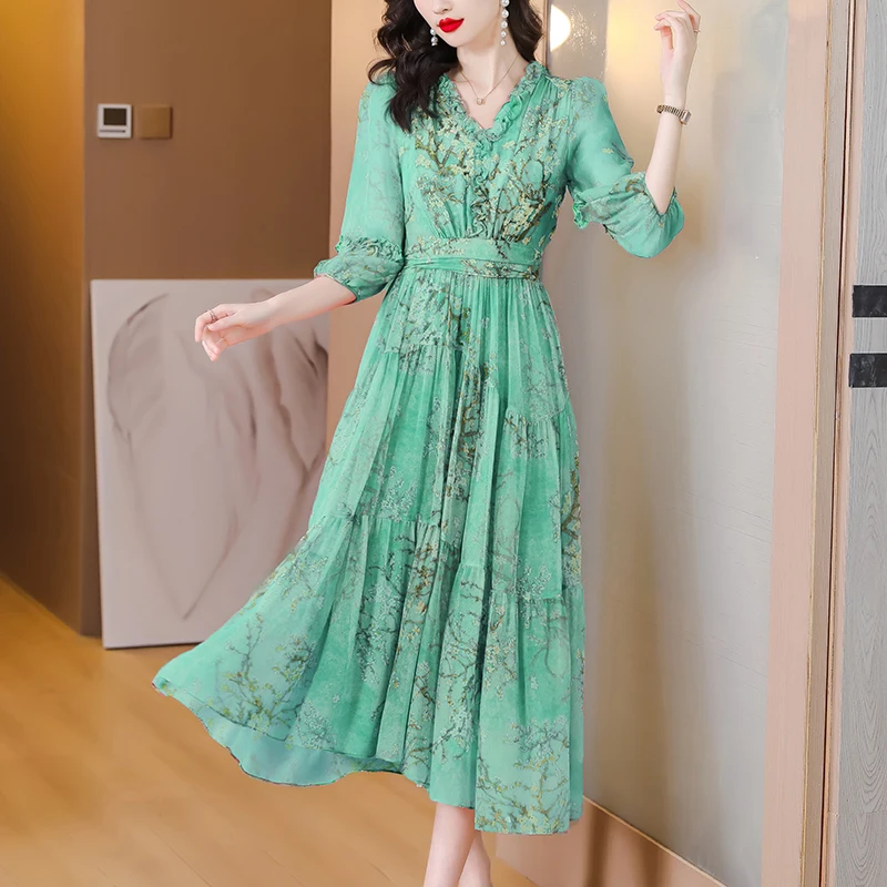 2023 Spring Summer New Women's V-neck Printed Silk Slim Waist Slim Knee Length Dress Silk Fragmented Flower Dress