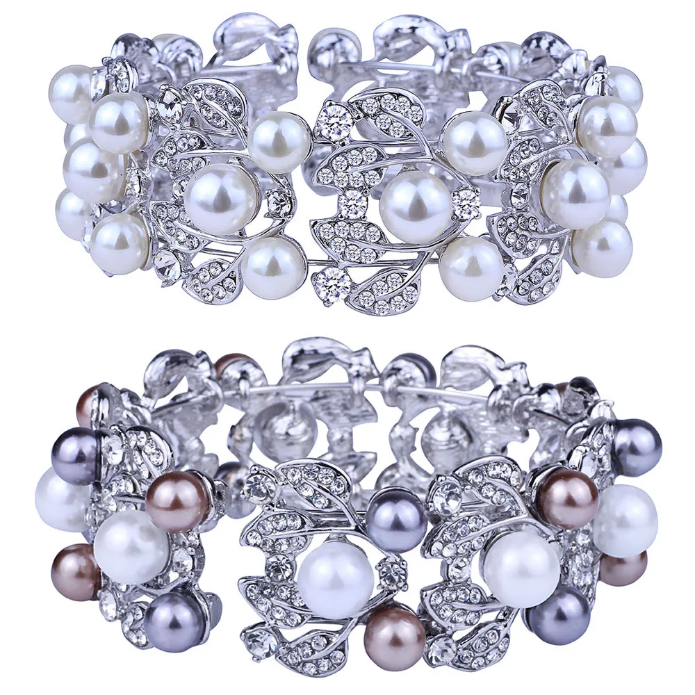 

Fashion Bridal Jewelry Silver Plated Wide Cuff Bangles with ImitationPearl Rhinestones Luxury Wedding Bracelets for Women