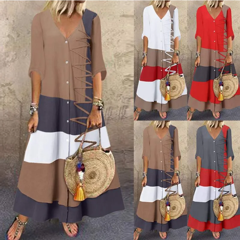 

Bohemian Print Long Dress Women Summer Casual Retro Loose Short Sleeve Dresses Holiday Party Elegant Cotton Linen Sundress