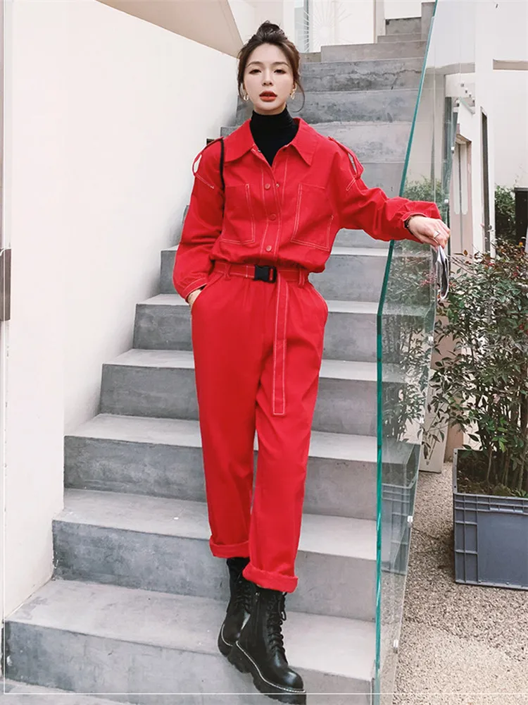 

Женский свободный комбинезон в стиле хип-хоп, красный Повседневный слитный комбинезон с длинным рукавом, отложным воротником и поясом, весна-осень 2022
