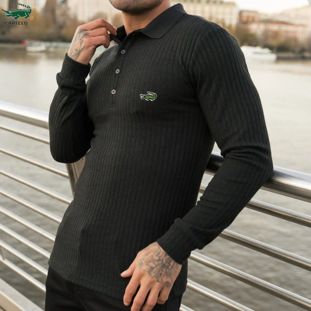 

CARTELO embroidery EU US Men's POLO Shirt Stand up Collar Elastic Vertical Strip Long -sleeved Men