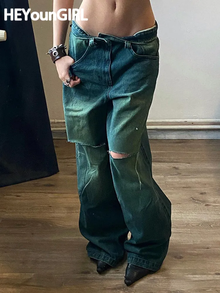 

Женские джинсы с низкой посадкой HEYounGIRL, свободные брюки-багги в стиле хип-хоп, винтажные джинсовые брюки в стиле панк с широкими штанинами в ...
